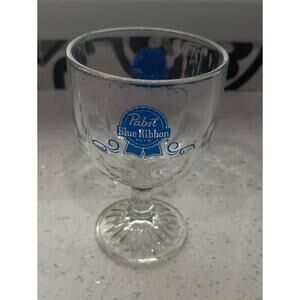 Vintage Pabst Blue Ribbon Beer Glass Footed Goblet Thumbprint 1970s 70s 14 oz